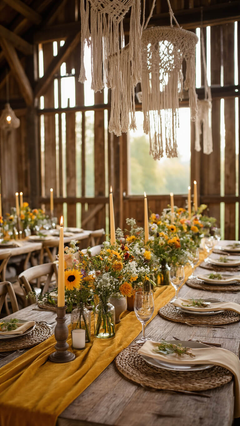 Rustic barn banquet table with wildflowers, candles, and mustard velvet runners under macramé decor in warm afternoon light.