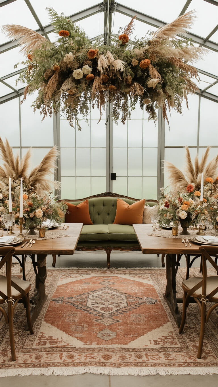 Sweetheart table in greenhouse with dried flower backdrop, vintage sofa seating, layered rugs, and brass-accented wildflower tablescape.