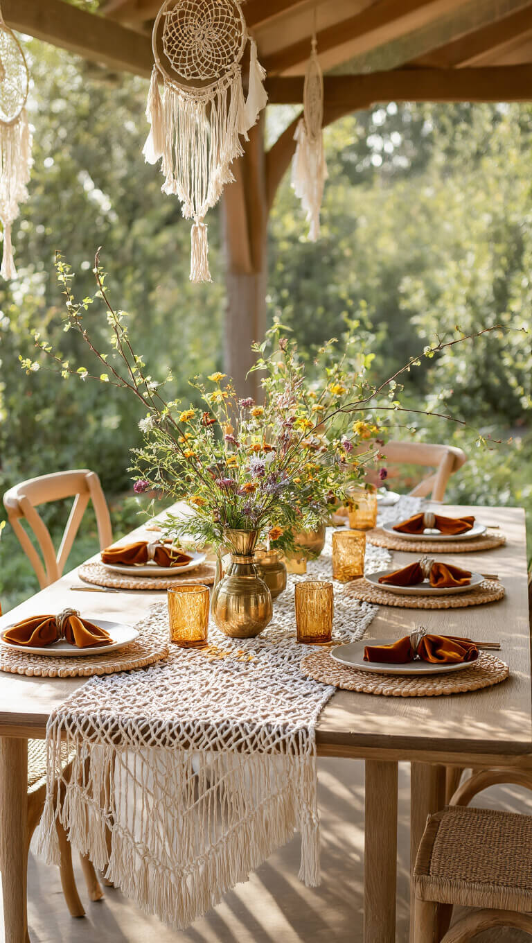 U-shaped garden pavilion table in morning light with macramé runners, velvet napkins, woven chargers, wildflower centerpieces in brass vessels, and dream catcher place settings in natural greens and warm neutrals.