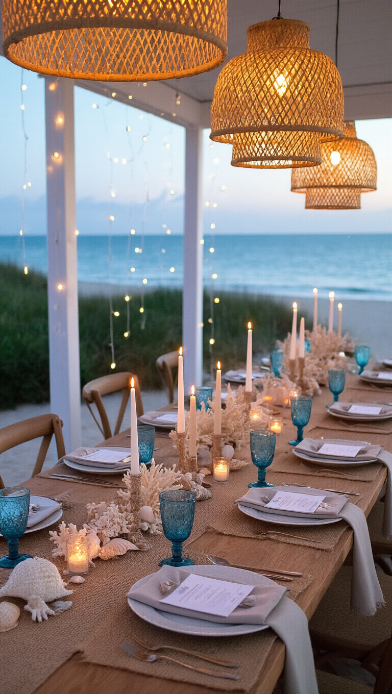 Twilight coastal tent reception with a king's table set in oceanic blues and sandy neutrals, featuring hanging rattan lights, taper candles, twinkle lights, shell and coral decor, jute runners, and linen napkins.