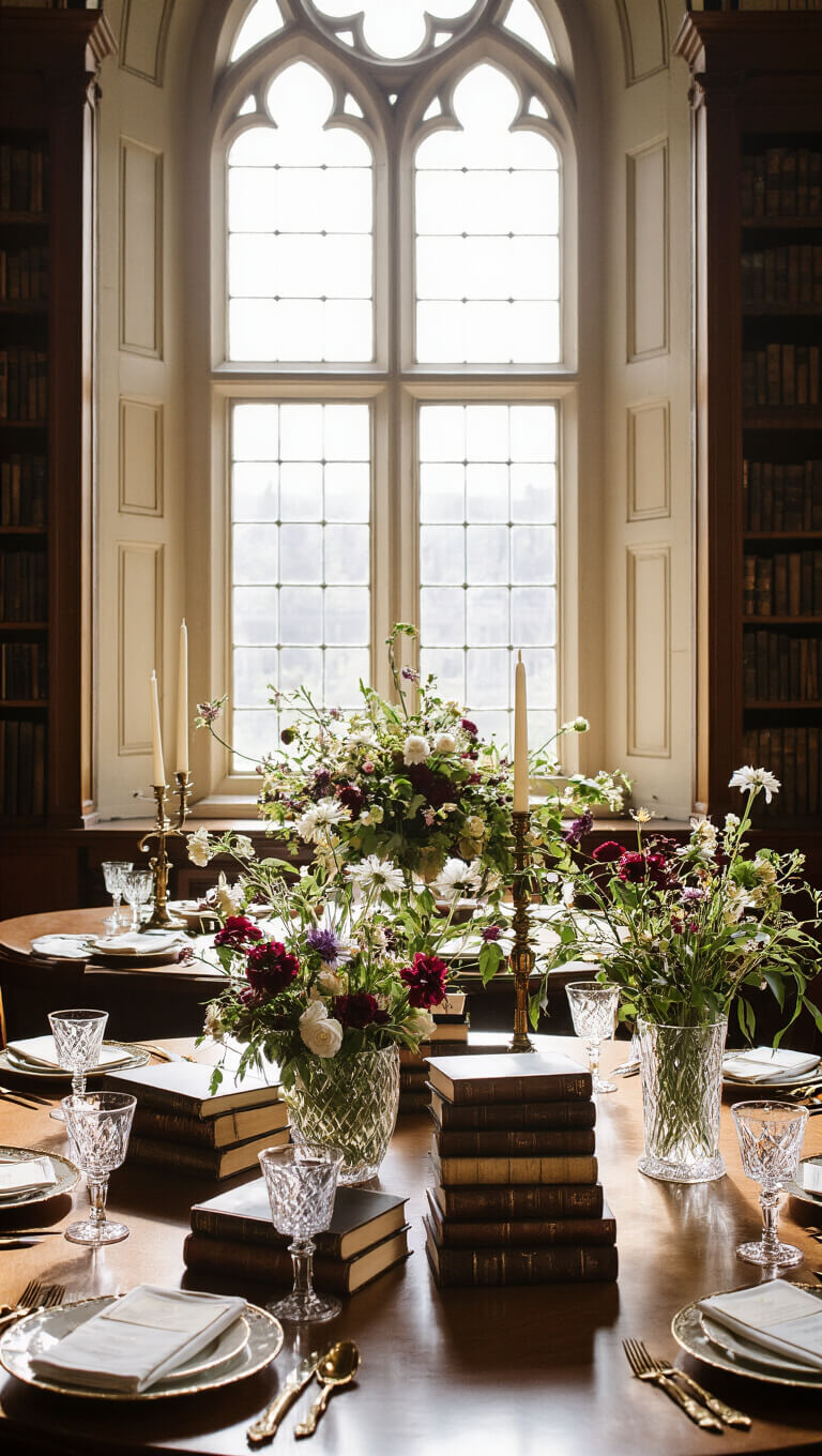 Elegant historic library event setup with cross-shaped tables, vintage books, brass candlesticks, and wildflowers in crystal decanters, styled in burgundy, navy, gold, and ivory under dramatic natural window light.