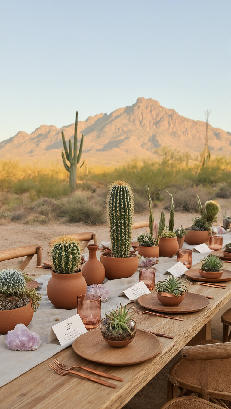 Desert sunset tablescape under clear tent with mountain view, featuring organic decor like ceramic vessels, linen, wooden chargers, cacti centerpieces, and crystal place cards in warm sage, terra cotta, and copper tones.