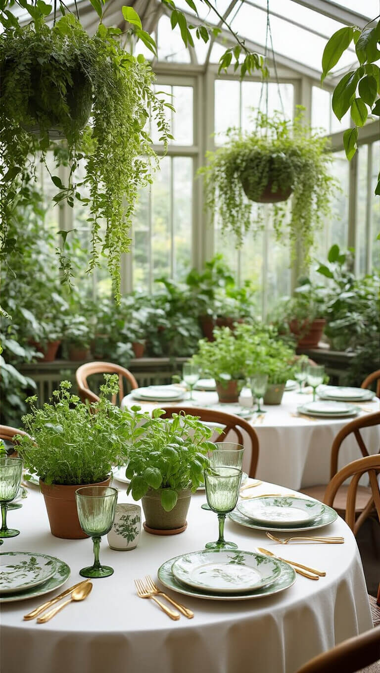 Intimate round tables in a greenhouse conservatory with botanical décor, featuring potted herbs, flowering branches, and moss, set with hand-painted plates, green glassware, and gold flatware, framed by hanging plants in diffused natural light.