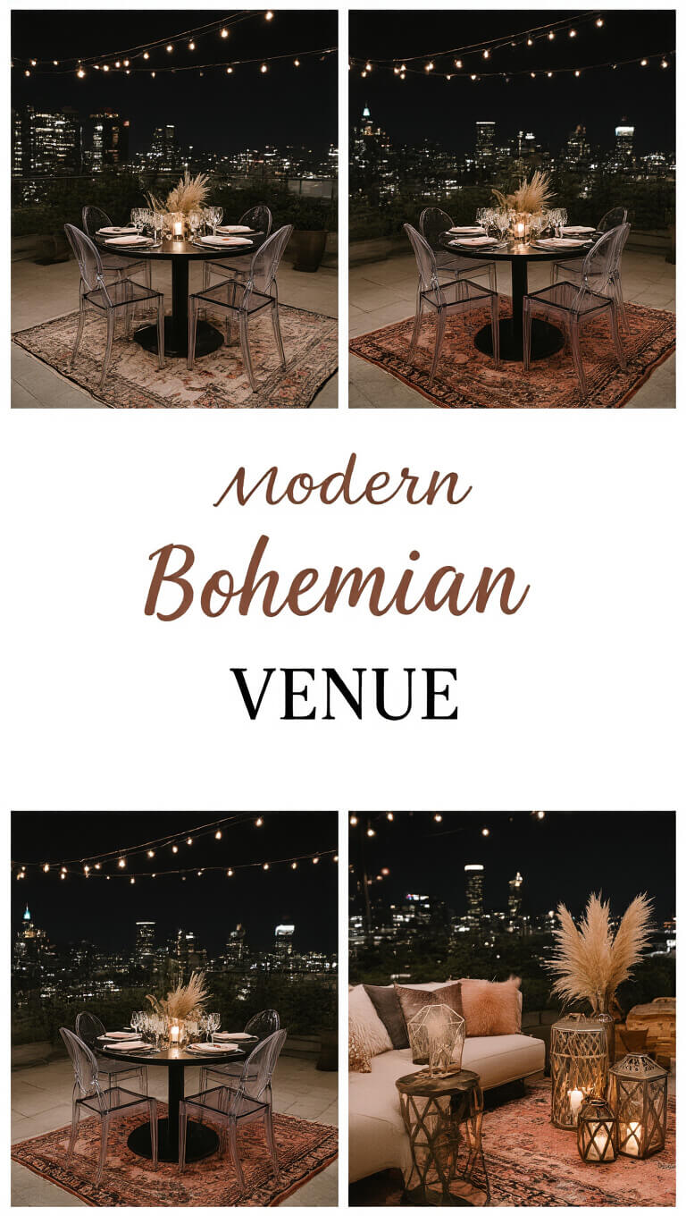 Urban rooftop venue at night with lucite chairs, vintage rugs, and metallic accents; city lights in background; bohemian table setups featuring smoke bush, pampas
</p></noscript>
<div class=