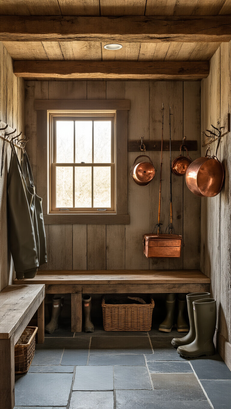 Rustic mudroom with slate floor, timber walls, exposed beams, fishing gear on hooks, wooden bench, vintage creel, waders, and boots in warm golden light.