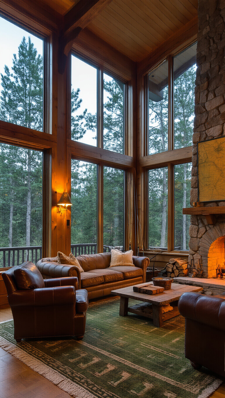 Cozy living room at dusk with floor-to-ceiling windows overlooking a pine forest, earth-toned sofa and leather armchair, glowing stone fireplace, handwoven rug, vintage fishing rods, and old maps on the wall.