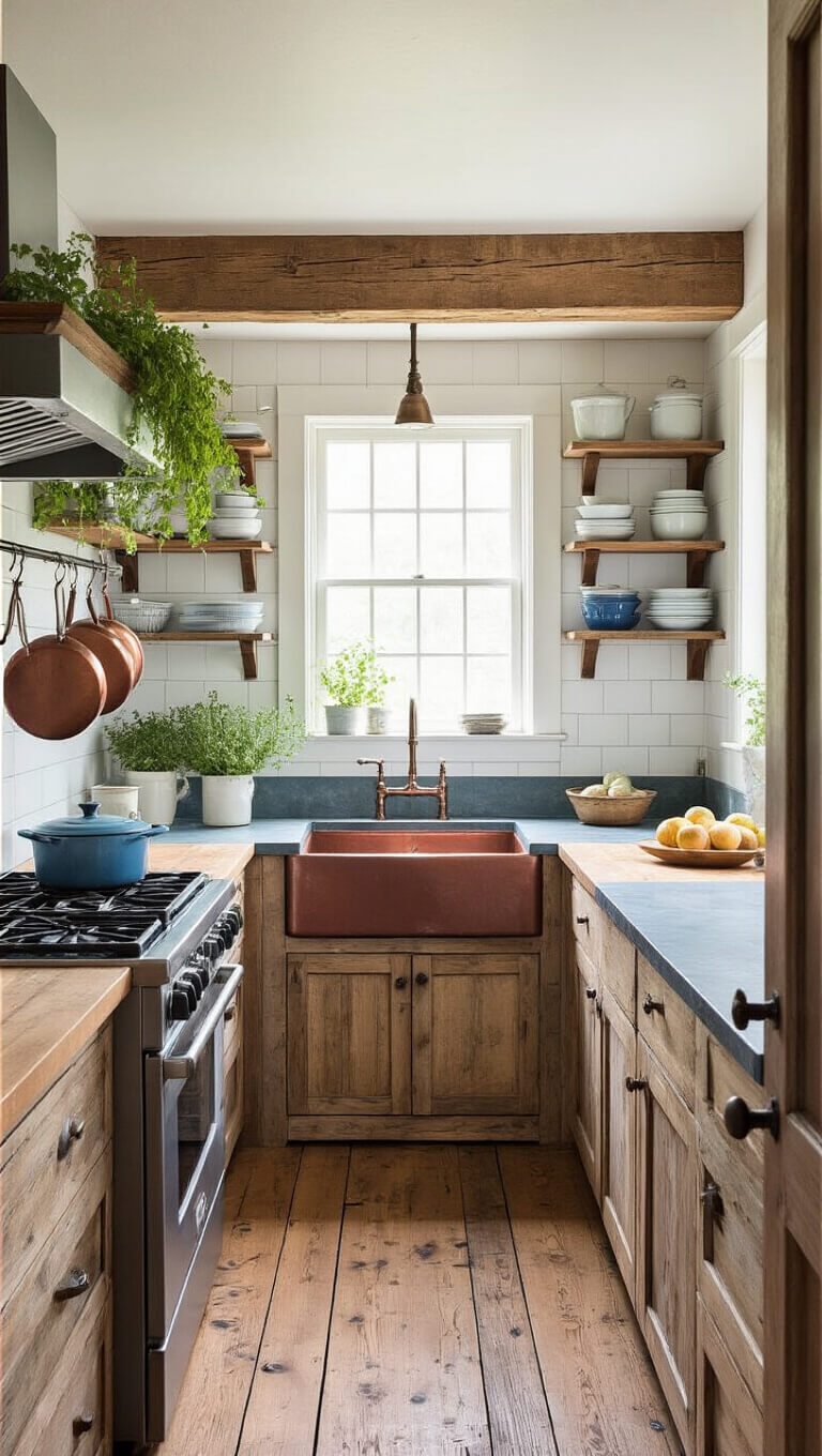 Compact galley kitchen with soapstone counters, copper farmhouse sink, barn wood shelves, and vintage enamelware in natural morning light.