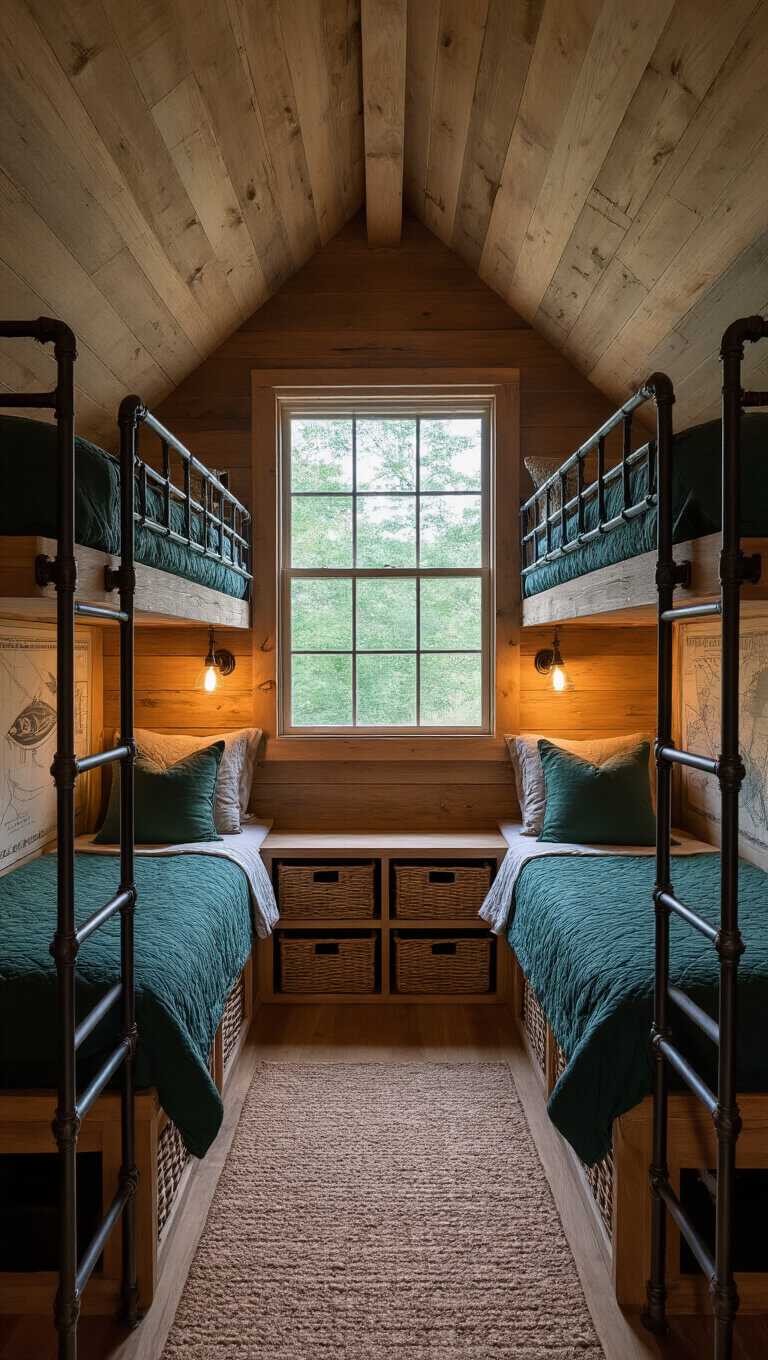 Cozy sleeping loft with twin bunks, quilted bedding, timber walls, vintage fishing map wallpaper, and soft ambient lighting.