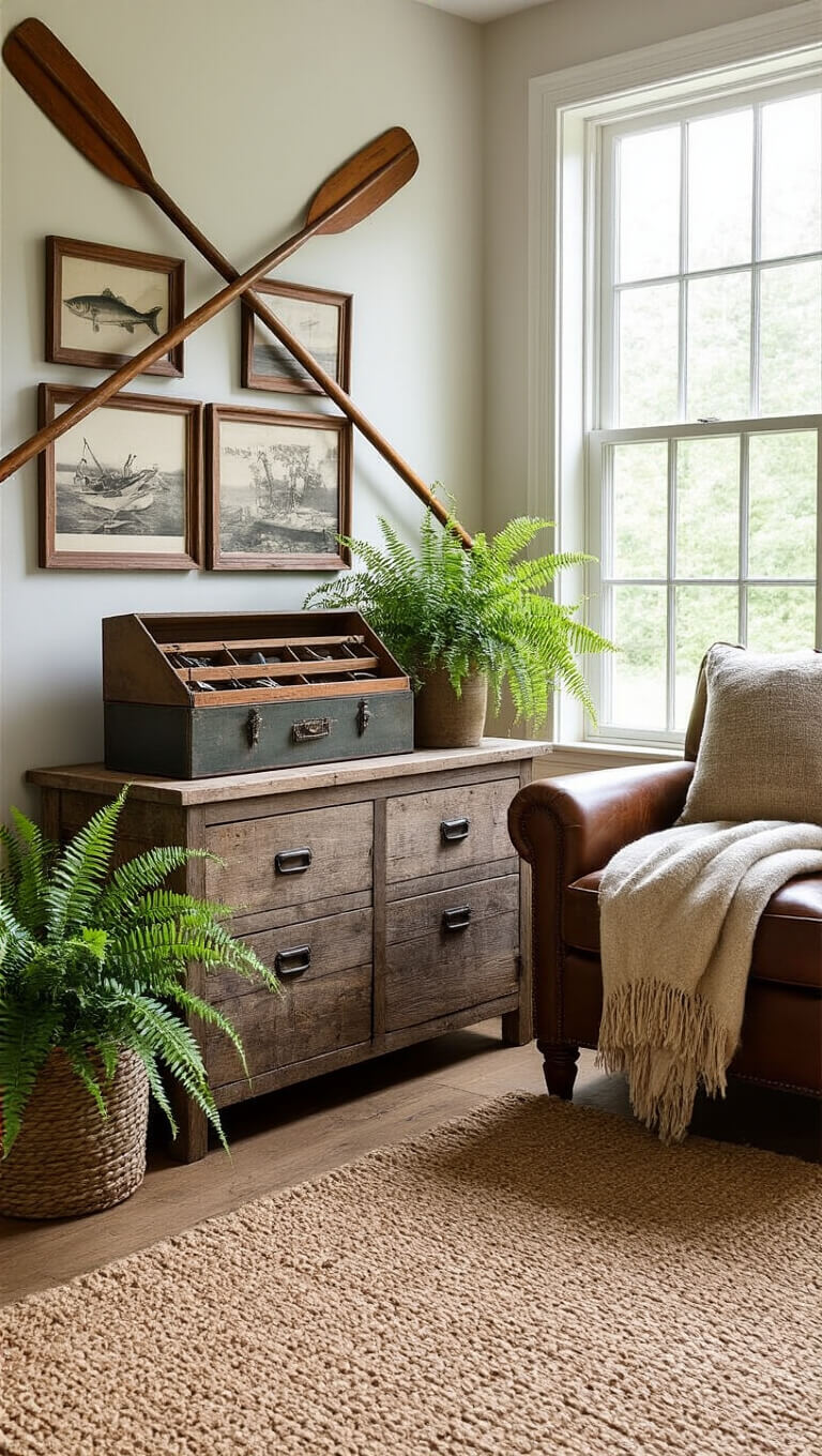 Cozy great room corner with vintage fishing decor, leather chair with earth-toned wool throw, reclaimed wood console, antique photos, crossed oars, potted ferns, and layered natural textures in afternoon light.