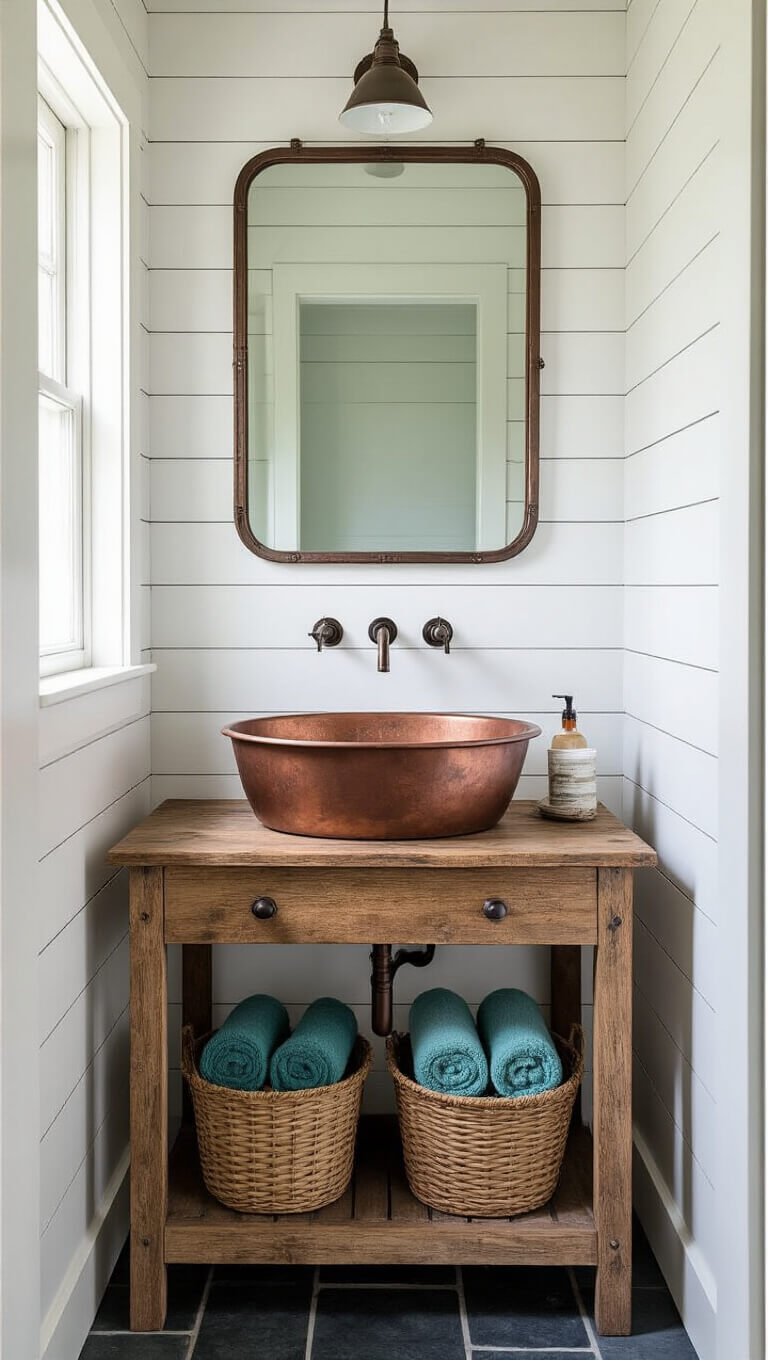 Rustic bathroom at dawn with white shiplap walls, dark slate floor, copper vessel sink on wood vanity, vintage mirror, wire baskets with rolled blue and green towels, and frosted window letting in soft morning light.