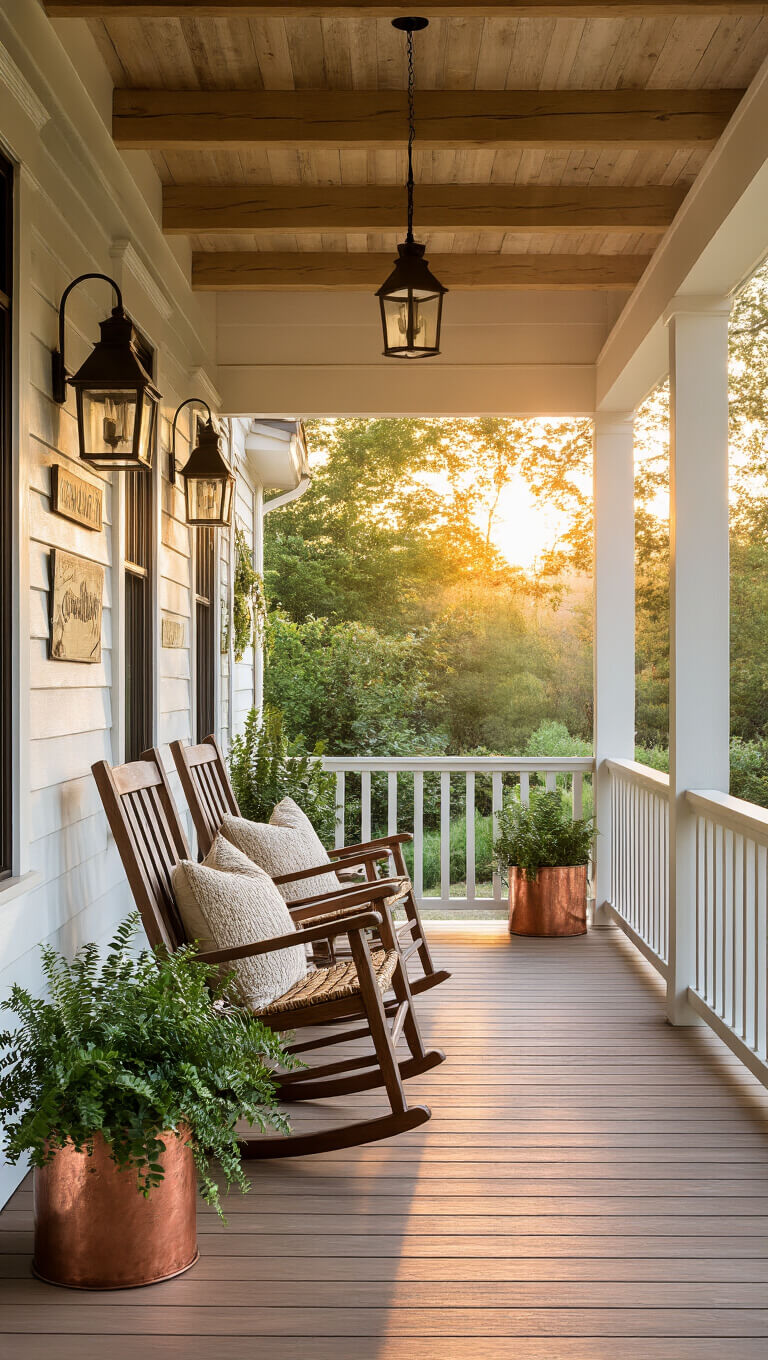 Covered porch with cedar plank floor, exposed beam ceiling, antique rockers, fishing decor, and potted native plants at sunset.
