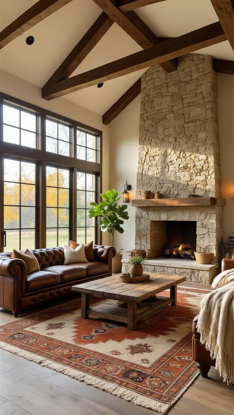 Cozy living room with cathedral ceiling, exposed wooden beams, and sunlight streaming through west-facing windows onto a leather Chesterfield sofa, vintage rug, and stone fireplace.