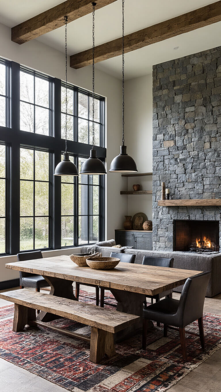 Modern-rustic great room with high ceilings, featuring dramatic late afternoon light, reclaimed timber dining table, industrial lighting, stone fireplace, and mixed materials highlighted by textured shadows.