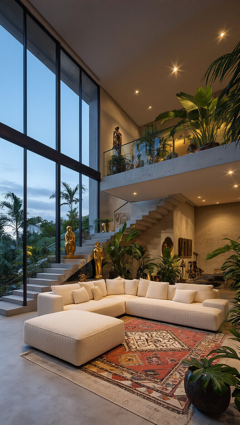 Modern open-concept living space with cream bouclé sectional on Moroccan rug, floating staircase, tropical plants, and brass sculptures, viewed from mezzanine at dusk with ambient uplighting.