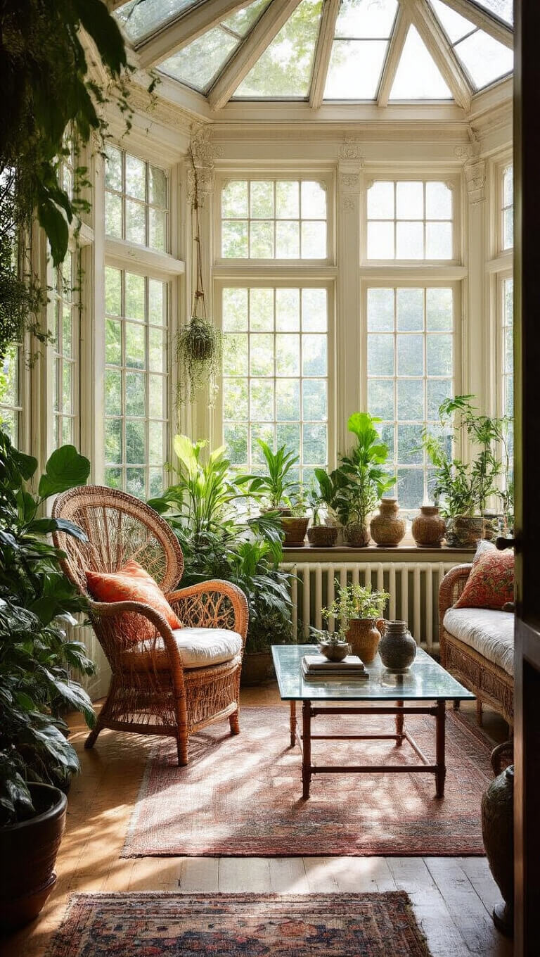 Light-filled Victorian conservatory with rattan peacock chair, Indian textiles, modernist glass coffee table, lush plants, ceramics, and vintage maps in soft morning sunlight.