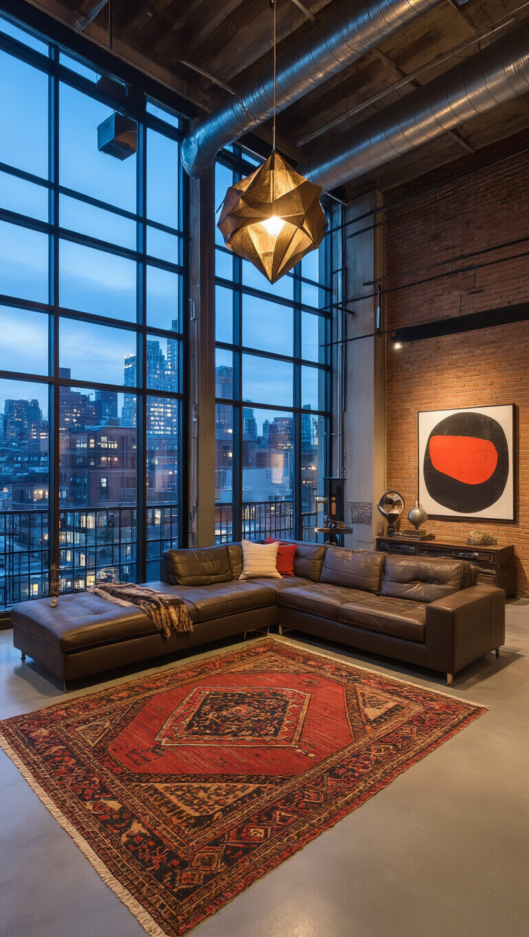 Modern loft living area with concrete floors, exposed ductwork, floor-to-ceiling windows showing evening city lights, featuring a low-profile leather sofa, vintage rugs, industrial storage, abstract art, and pendant lighting.