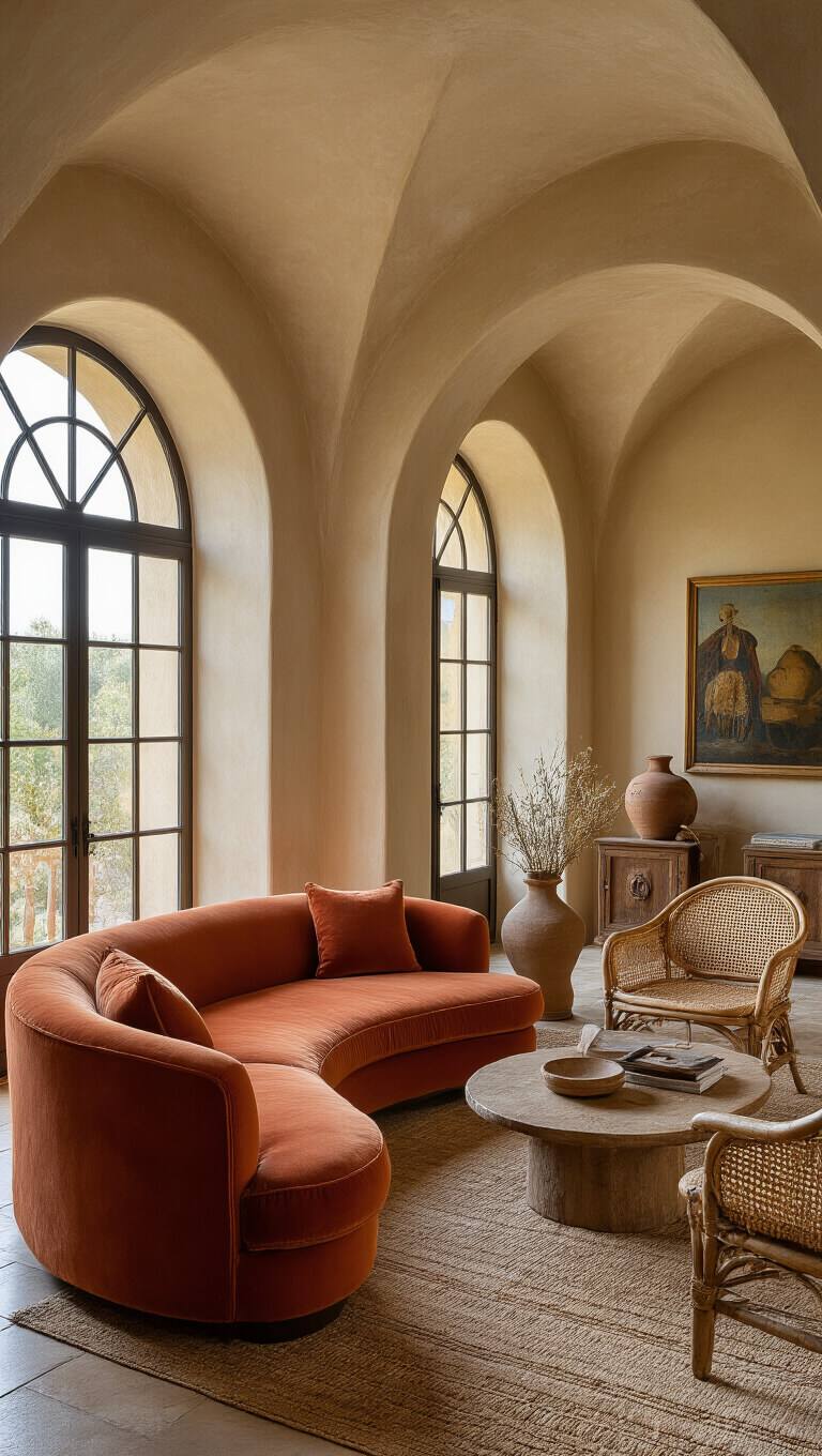 Mediterranean-inspired sitting room with terracotta velvet sofa, vintage cane chairs, arched doorways, and golden hour light filtering through iron windows.