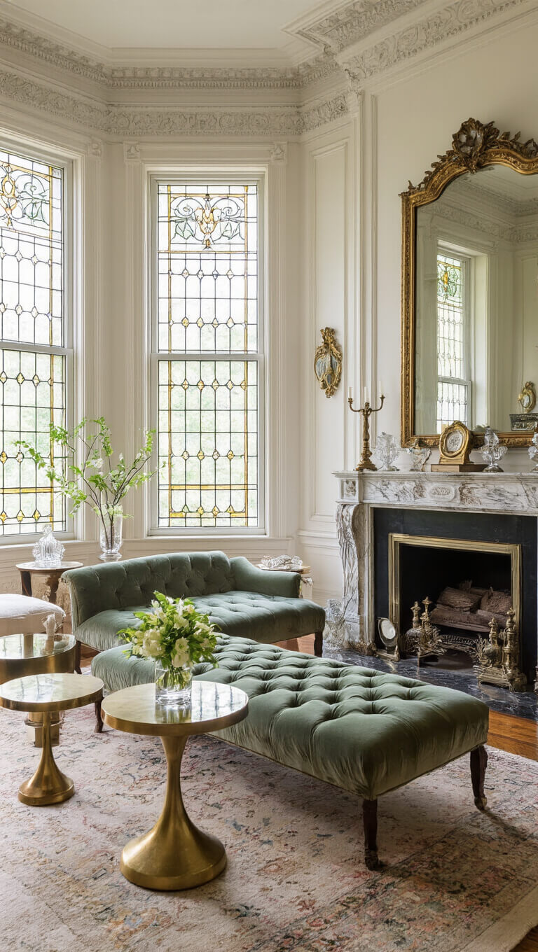 Victorian parlor with marble fireplace, stained glass light, velvet settee, brass tables, vintage mirrors, and botanical decor, shot symmetrically in warm afternoon glow.