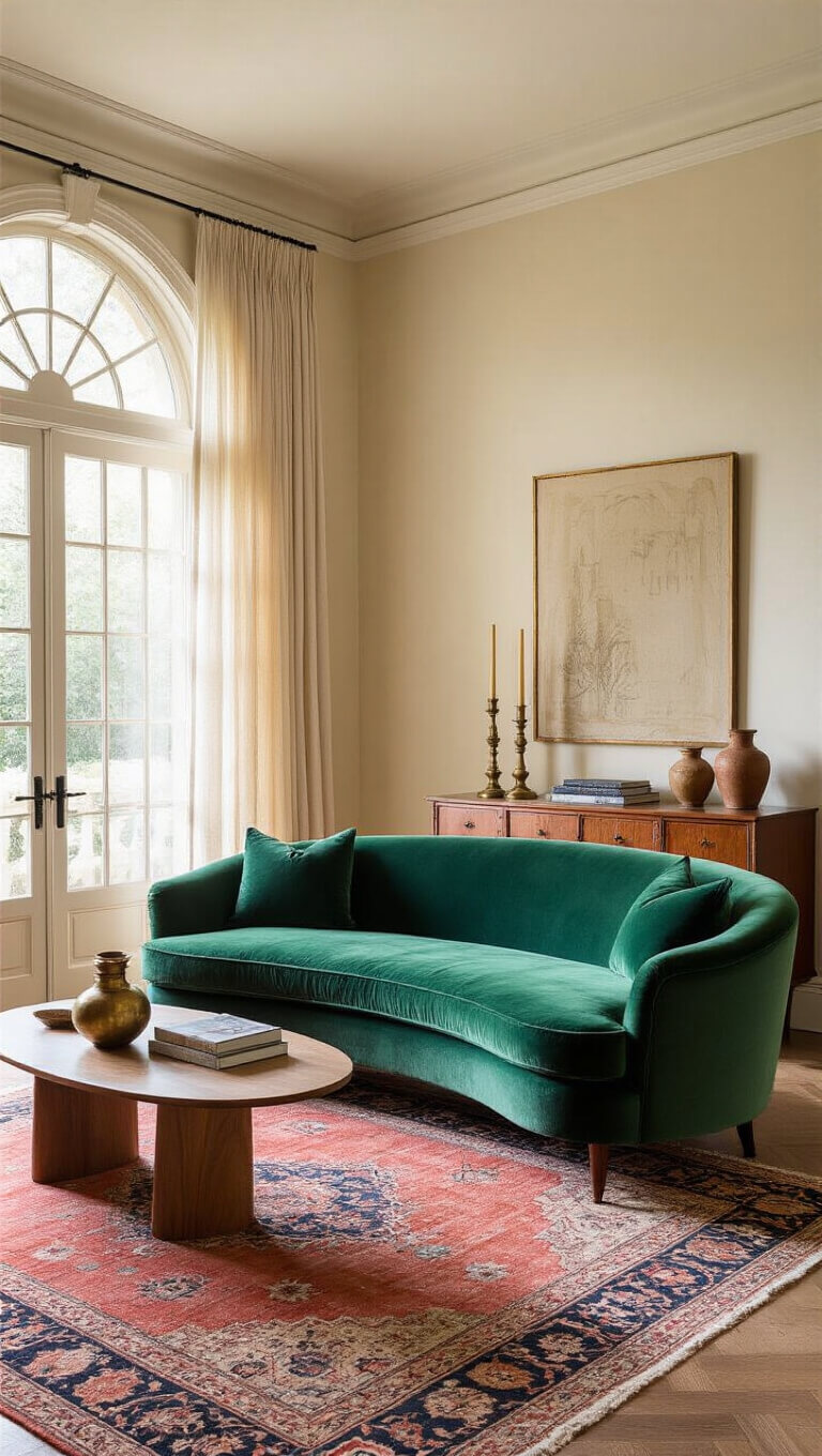 Sunlit living room with emerald green velvet sofa, Persian rug, mid-century teak sideboard, and arched window with sheer curtains during golden hour.