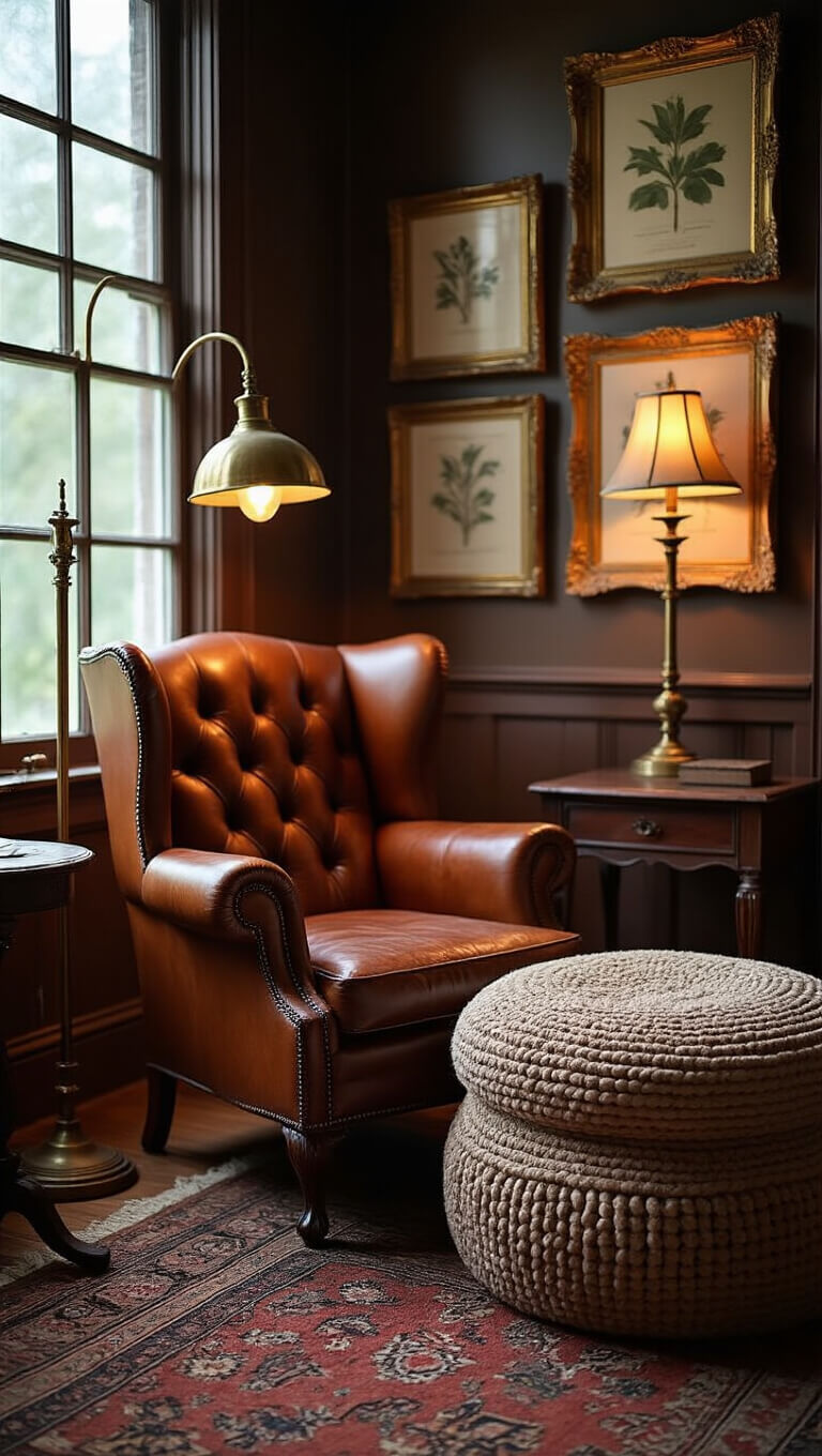 Victorian parlor corner with cognac leather wingback chair, brass floor lamp, wool ottoman, and vintage botanical prints in gold frames, softly lit at dusk.