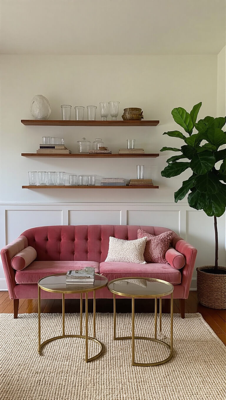 Bright morning light fills a cozy 12'x18' living room with hardwood floors, highlighting a 1950s dusty rose velvet loveseat on a cream jute rug, flanked by brass nesting tables and floating walnut shelves displaying milk glass; a tall fiddle leaf fig adds organic shapes.