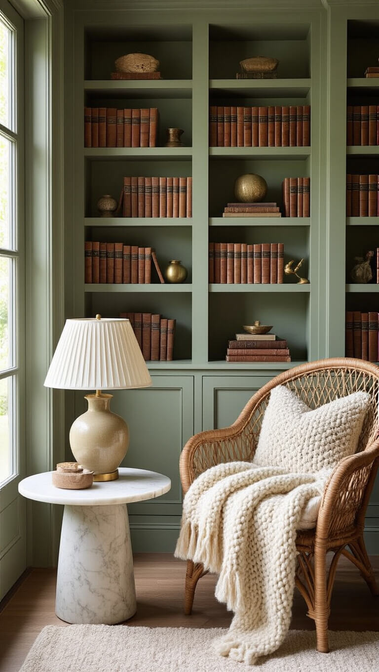 Cozy reading nook with sage green bookshelf, rattan peacock chair, and marble side table in soft afternoon light.