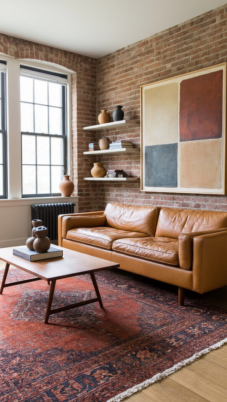 Modern-vintage sitting room with exposed brick wall, camel leather sofa, teak coffee table, layered rust and indigo rugs, abstract art, and ceramic pottery on shelves, captured at golden hour with wide-angle lens.