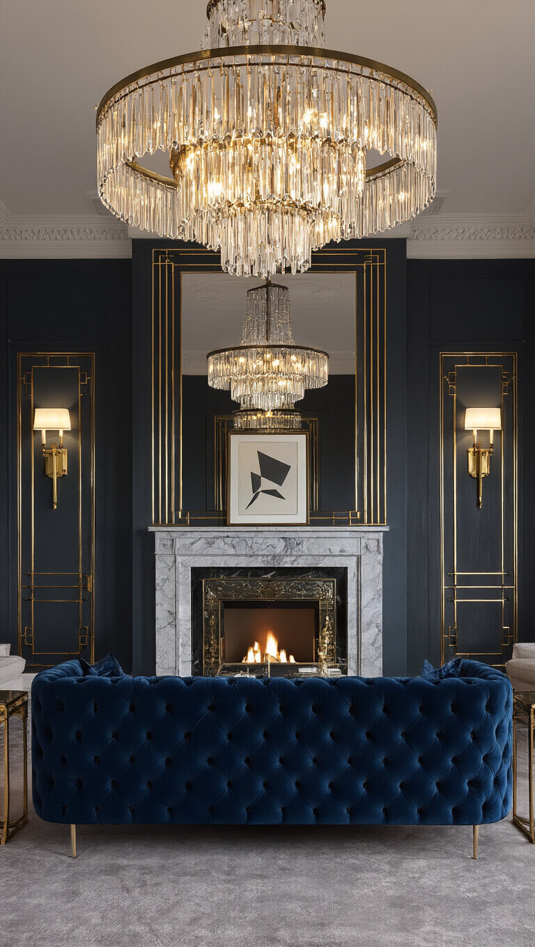 Art deco living room with navy velvet tufted sofa, crystal chandelier, brass sconces, beveled mirrors, geometric art, and marble fireplace in symmetrical twilight setting.