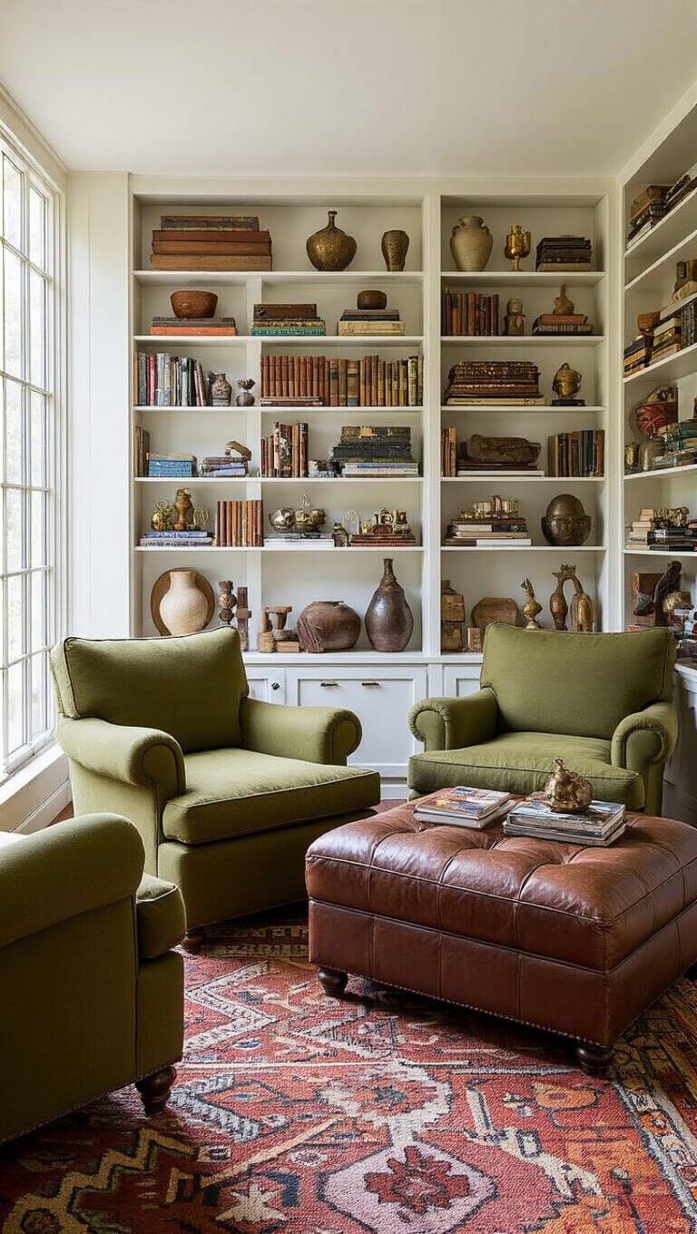 Eclectic collector's den with vintage rug, olive green club chairs, floor-to-ceiling bookcases, and patinated leather ottoman in morning light.