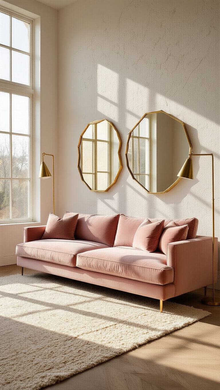 Contemporary 20x24ft living room with blush pink velvet sofa, brass lamps, gold mirrors, and a cream Moroccan rug, sunlit through floor-to-ceiling windows during golden hour.