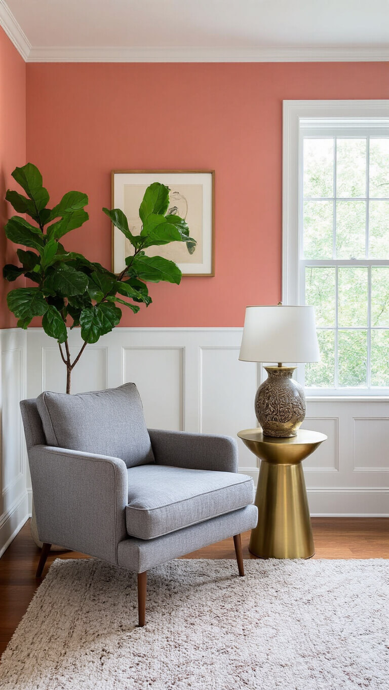 Cozy 15x18ft living room with salmon pink accent wall, grey mid-century armchair, brass side table with ceramic lamp, and fiddle leaf fig near window, shot low angle to highlight details.