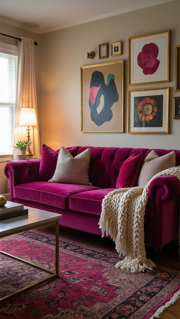 Cozy 12x16ft living area with fuchsia velvet loveseat, gold-framed abstract art, layered textiles, and warm ambient lighting.