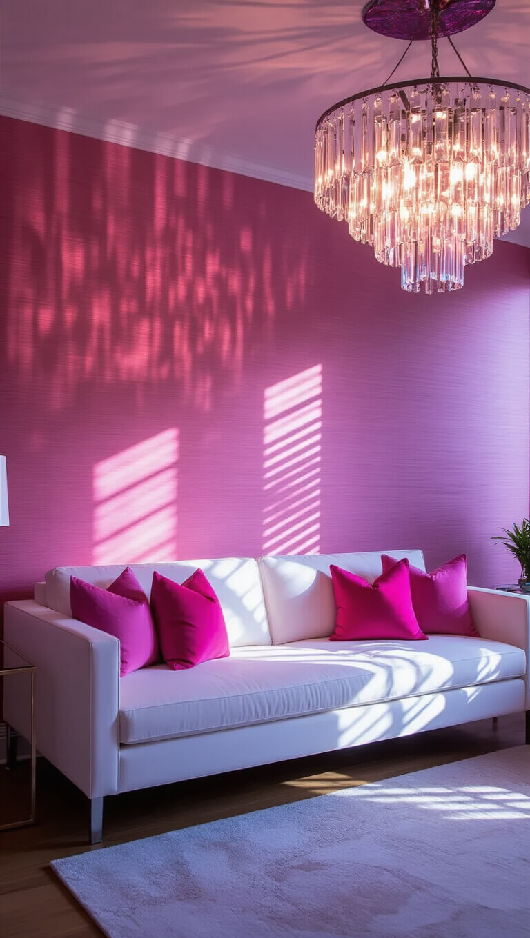 Blue hour-lit 18x20ft room with rose pink grasscloth walls, white modernist sofa with pink ombré pillows, and crystal chandelier casting prismatic light, viewed slightly above eye level.
