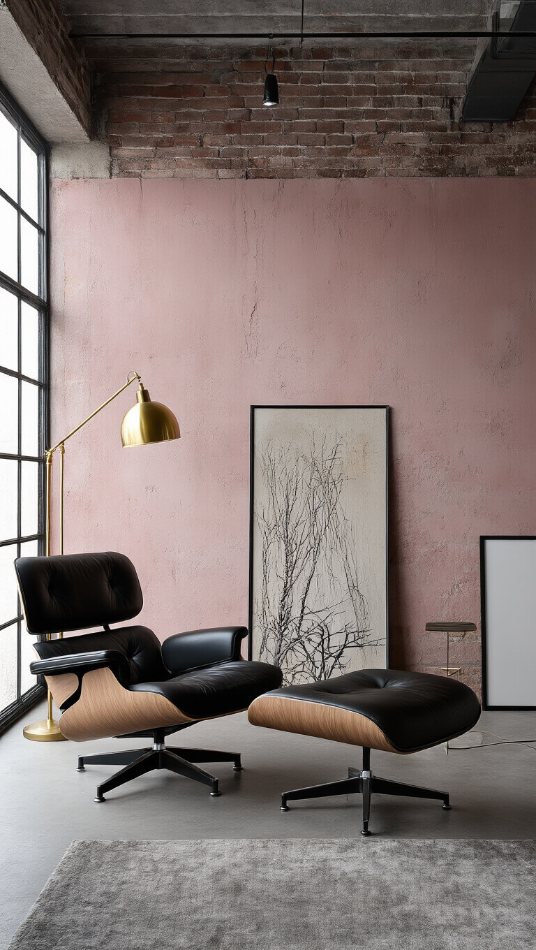 Loft-style room with dusty pink concrete wall, exposed brick, black Eames chair, brass floor lamp, and minimalist art, lit by dawn light.