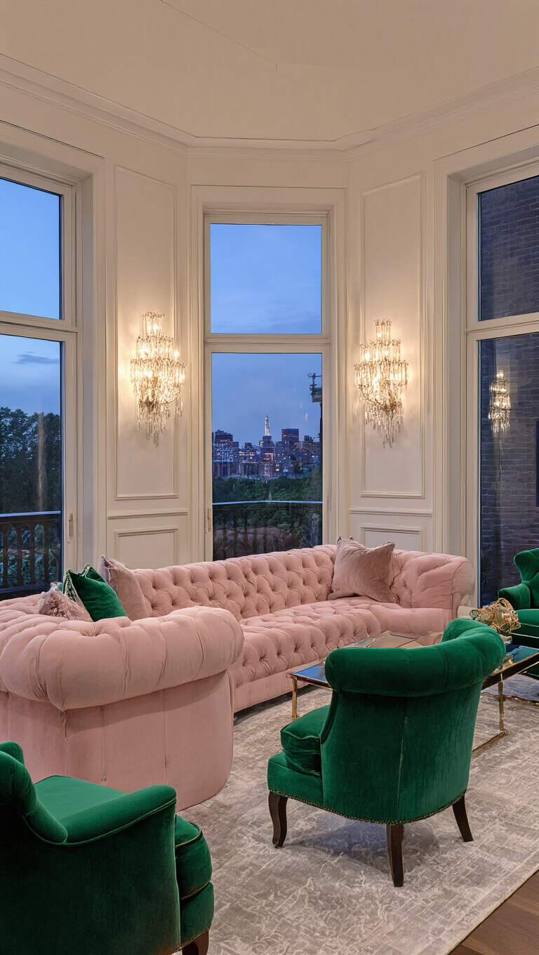 Luxurious formal living room at dusk featuring blush pink tufted chesterfield sofa, emerald green velvet chairs, and crystal sconces, captured with tilt-shift lens.