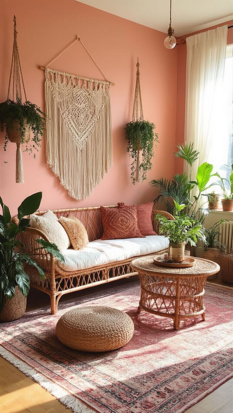 Bohemian 14x18ft room with salmon pink walls, rattan furniture, macramé decor, layered vintage rugs, plants, and copper accents in morning light.