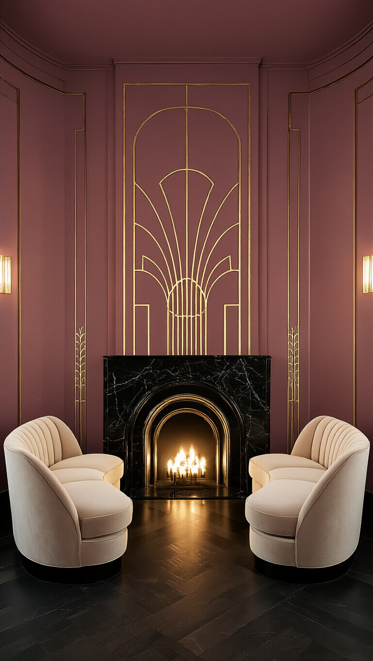 Art Deco-style room with deep rose walls and gold geometric patterns, cream velvet curved seating, and black marble fireplace, lit dramatically at twilight.