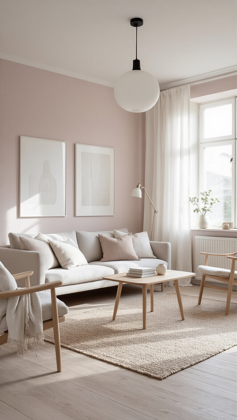 Scandinavian minimalist room with pale pink walls, light wood floors, and clean-lined furniture bathed in soft afternoon light through white linen curtains.