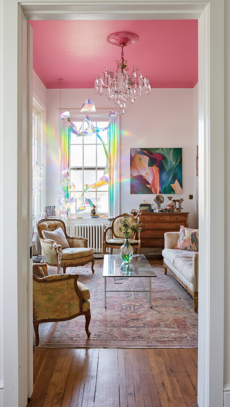Eclectic 15x19ft room with pink ceiling, white walls, vintage furniture, modern art, and rainbow light from crystal prisms at magic hour.