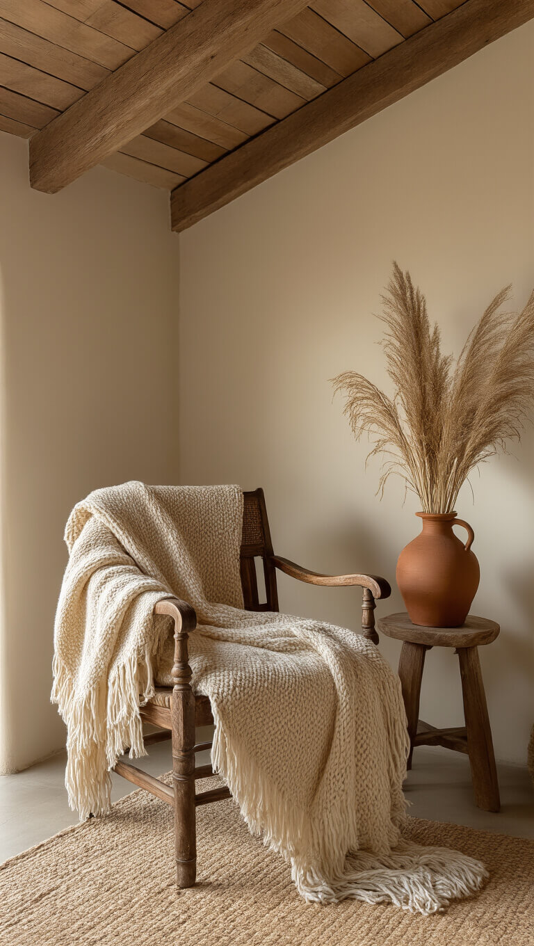Cozy bedroom corner with antique chair draped in wool throw, dried pampas in ceramic vase casting shadows, exposed wood beam ceiling, and warm golden hour lighting.