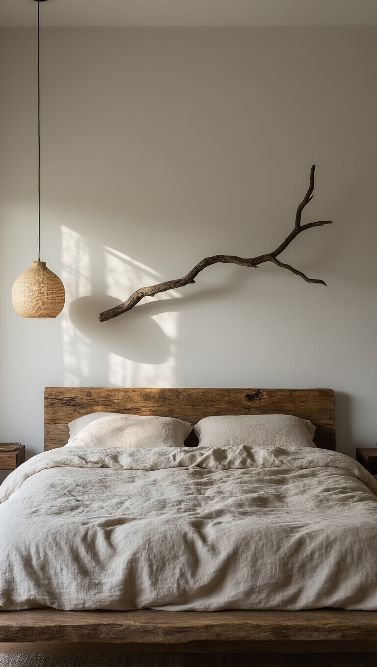 Minimalist 14x16ft bedroom at twilight with low reclaimed wood bed, wrinkled ecru linen duvet, ceramic pendant light, and gnarled branch wall art casting dramatic shadows.