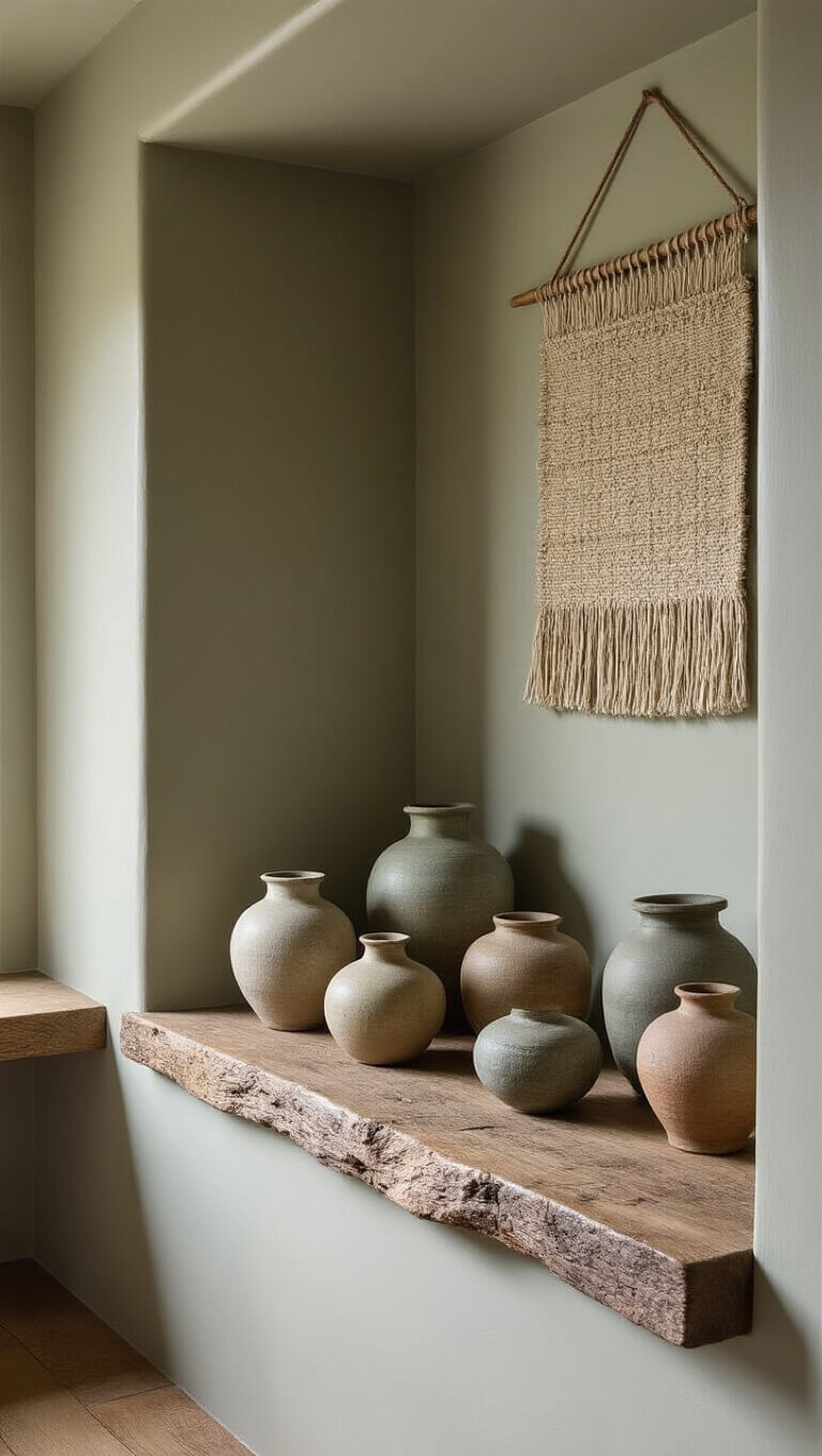 Wide-angle view of a cozy 11x13ft bedroom alcove with soft afternoon light, showcasing a rough-hewn wooden floating shelf displaying assorted worn ceramic vessels, a handwoven wall hanging with an irregular weave, and decor in stone grays and moss greens.