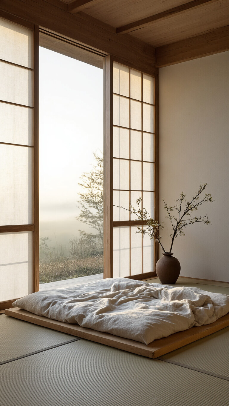 Minimalist 13x15ft bedroom at dawn with floor-to-ceiling wooden-framed windows, low linen-draped mattress on tatami mats, and ikebana in ceramic vase, bathed in soft morning light.