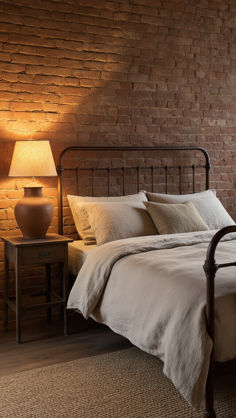 Rustic 12x14ft bedroom at dusk with aged brick wall, vintage iron bed frame, mismatched linens, ceramic lamp, and warm earth-tone accents in moody lighting.