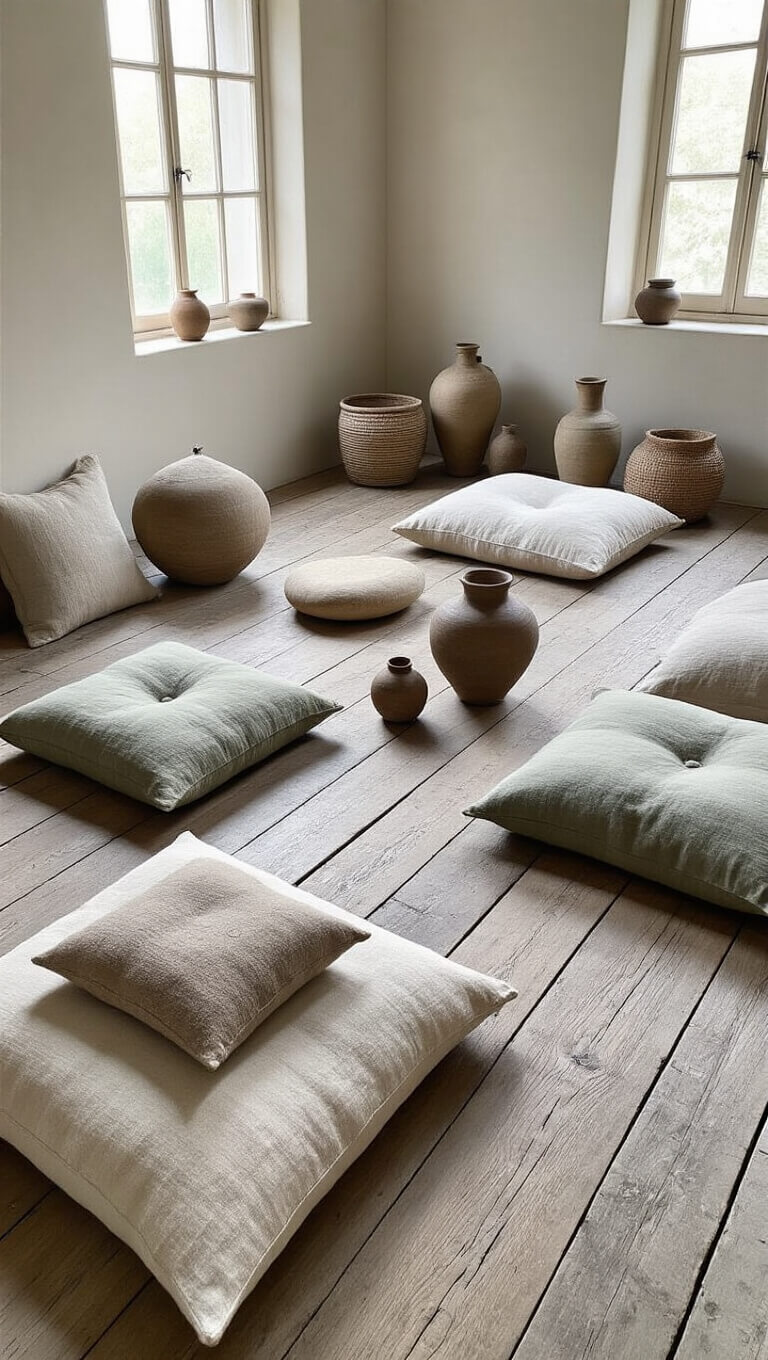 High-angle view of a serene 15x17ft bedroom with asymmetrically placed raw silk and wool floor cushions on weathered wooden floors, surrounded by worn hand-thrown pottery in a natural palette of stone grays and mossy tones, illuminated by soft mid-morning light.