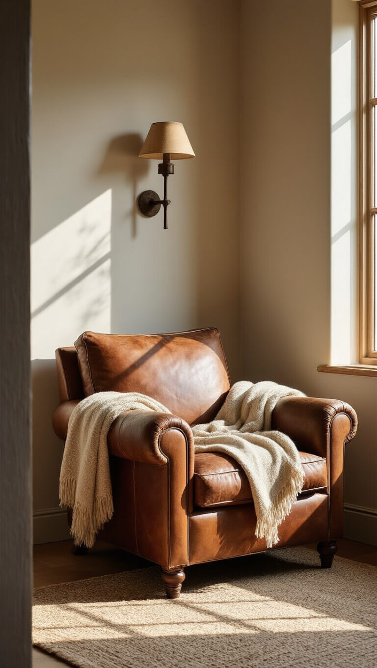 Close-up of vintage leather chair with worn patina and wool throw in sunlit reading nook, warm tones and textured ceramic sconces visible.