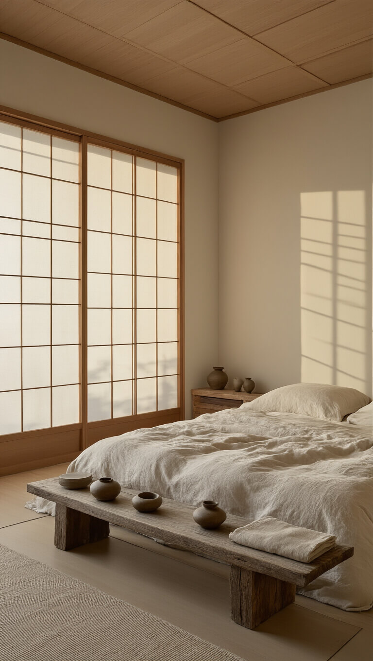 Sunlit minimalist bedroom with sliding shoji screens, low platform bed in rumpled neutral linens, and a wooden bench displaying wabi sabi ceramics.