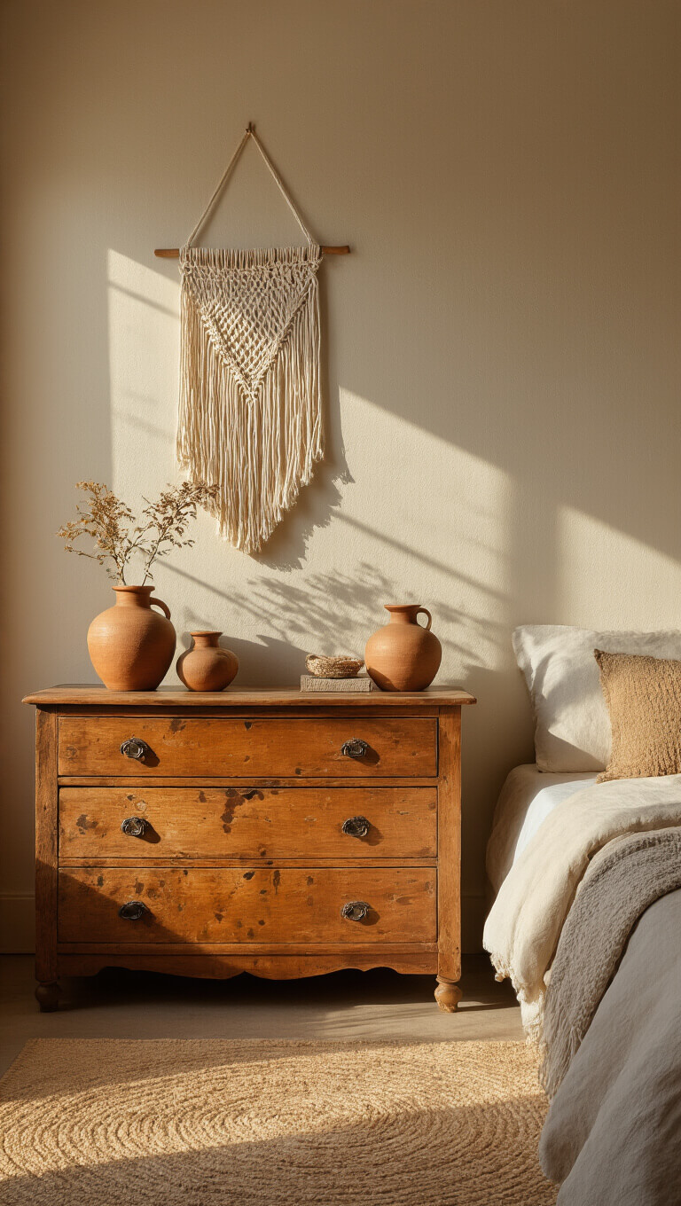 Cozy 11x13ft bedroom corner in golden hour light, featuring a vintage wooden dresser with aged textures, handmade ceramic vessels, macrame wall hanging, and warm earth-tone décor.