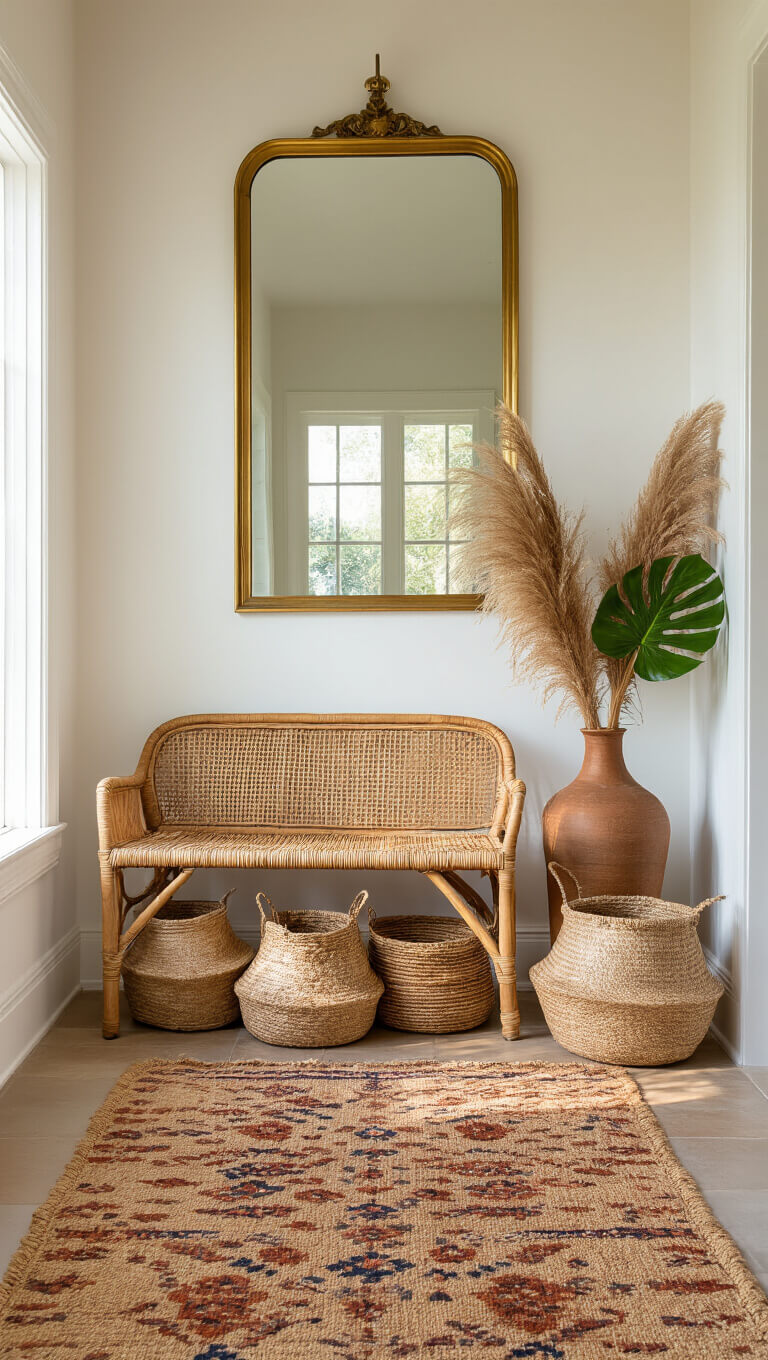 Sunlit entryway with vintage rattan bench, brass mirror, jute runner, and textured decor in warm golden hour lighting.
