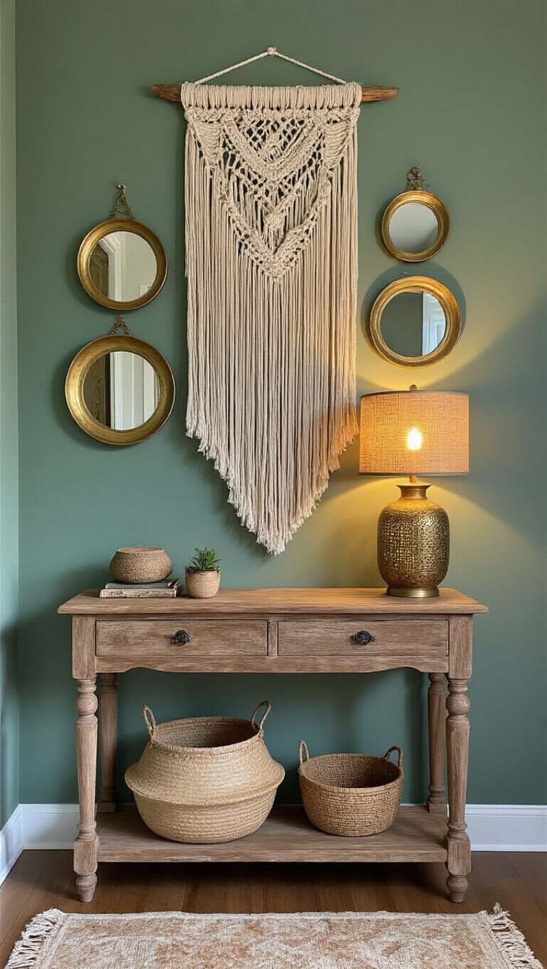 Boho entryway with teakwood console, macramé wall hanging, vintage brass mirrors, and Moroccan lamp glowing against a sage green wall during blue hour.